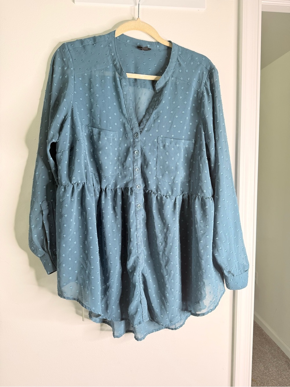 Women's Button-Front Long-Sleeve Peplum Blouse - Blue